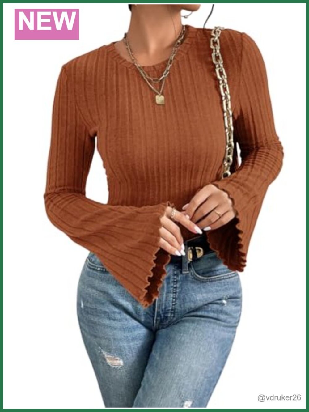 Women's Ribbed Knit Bell Sleeve Cropped Pullover Sweater